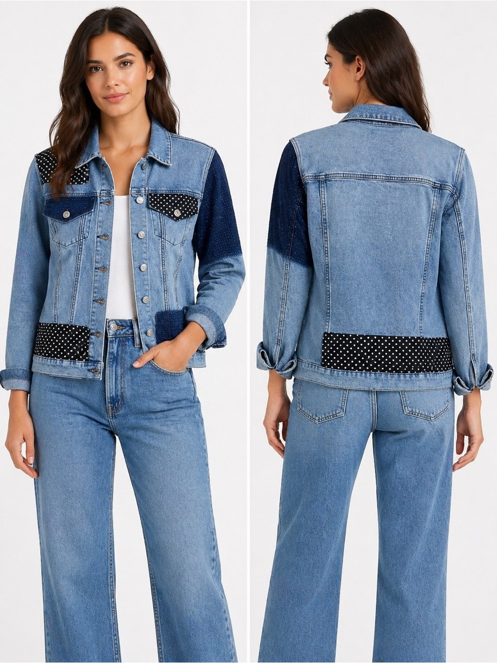 Joseph Ribkoff studded bling patchwork denim jacket contrast stretch